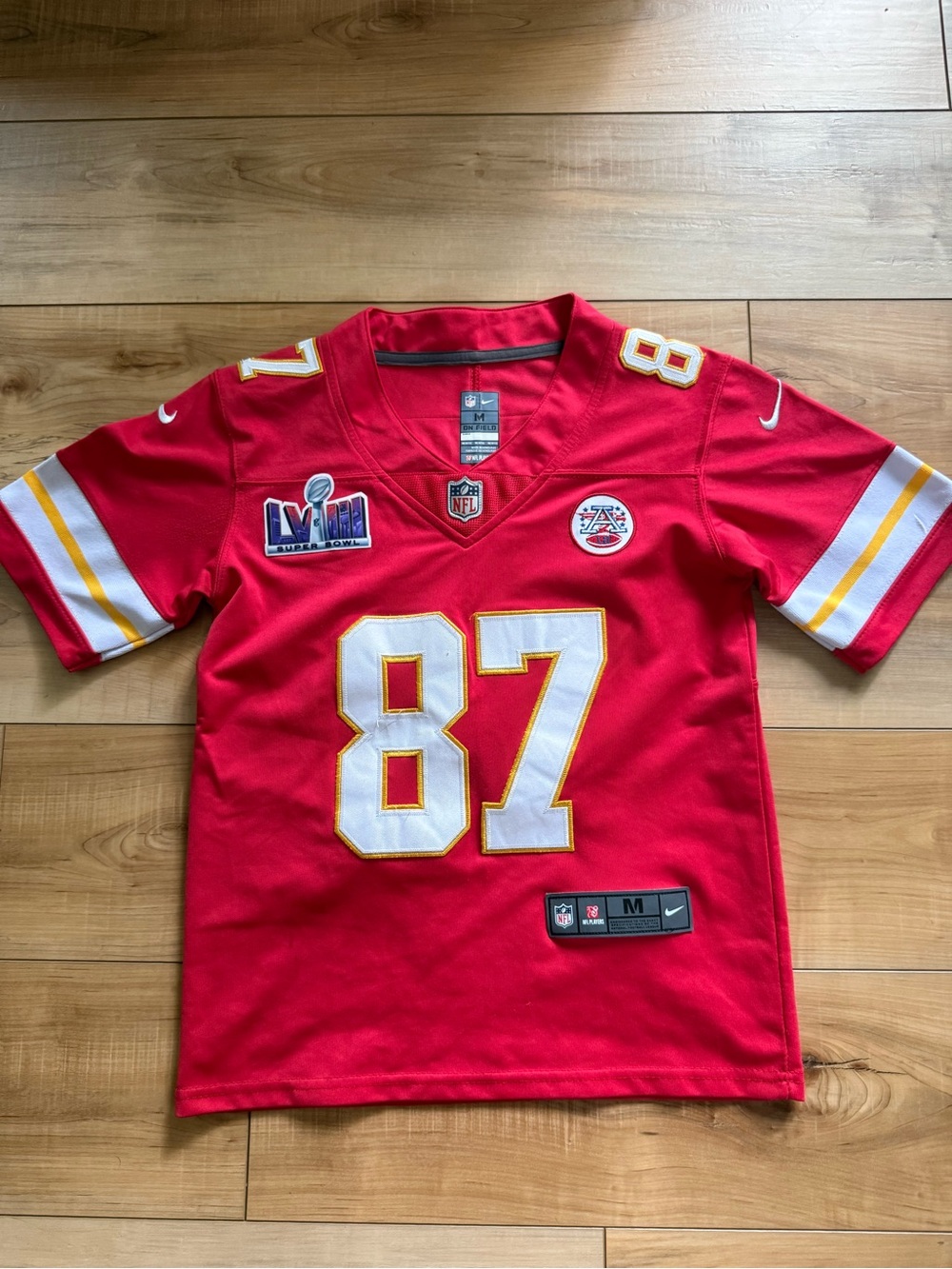 Nike Red KC Chiefs Kelce Kids Football Jersey #87 with White & Gold Trim
